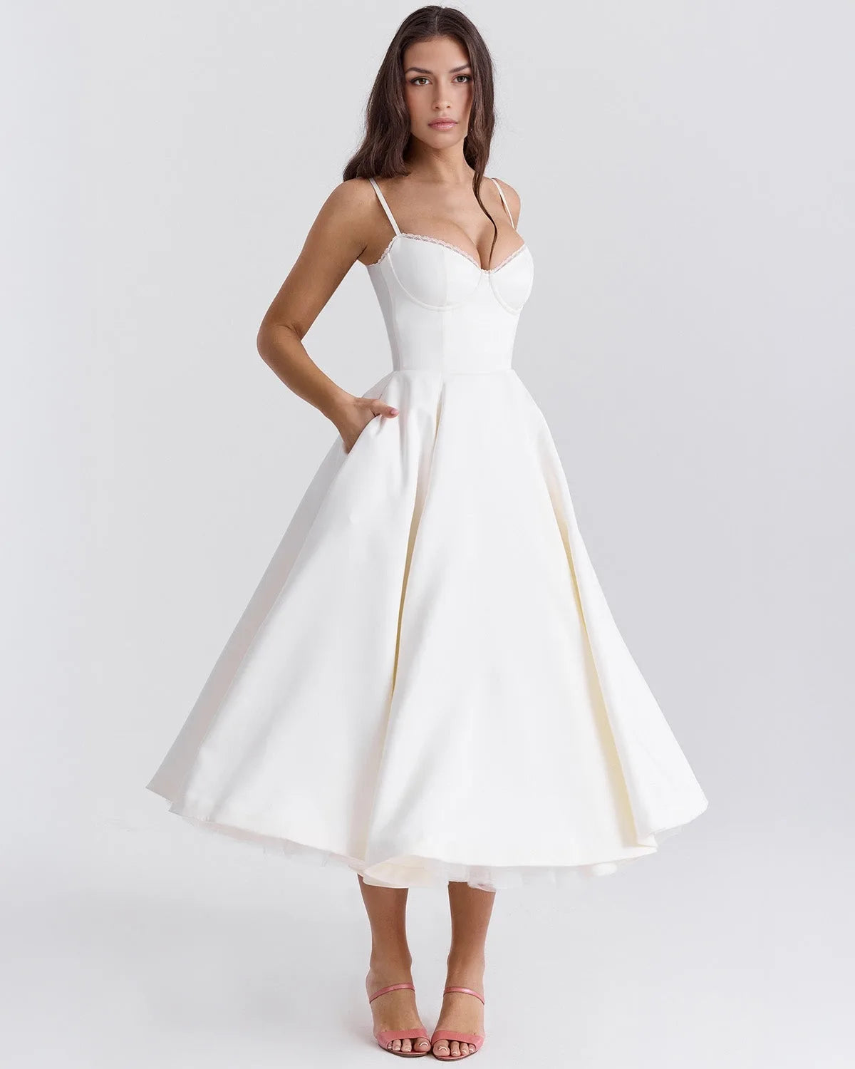 Women's sweetheart midi dress with fitted bodice and full skirt, white, front view