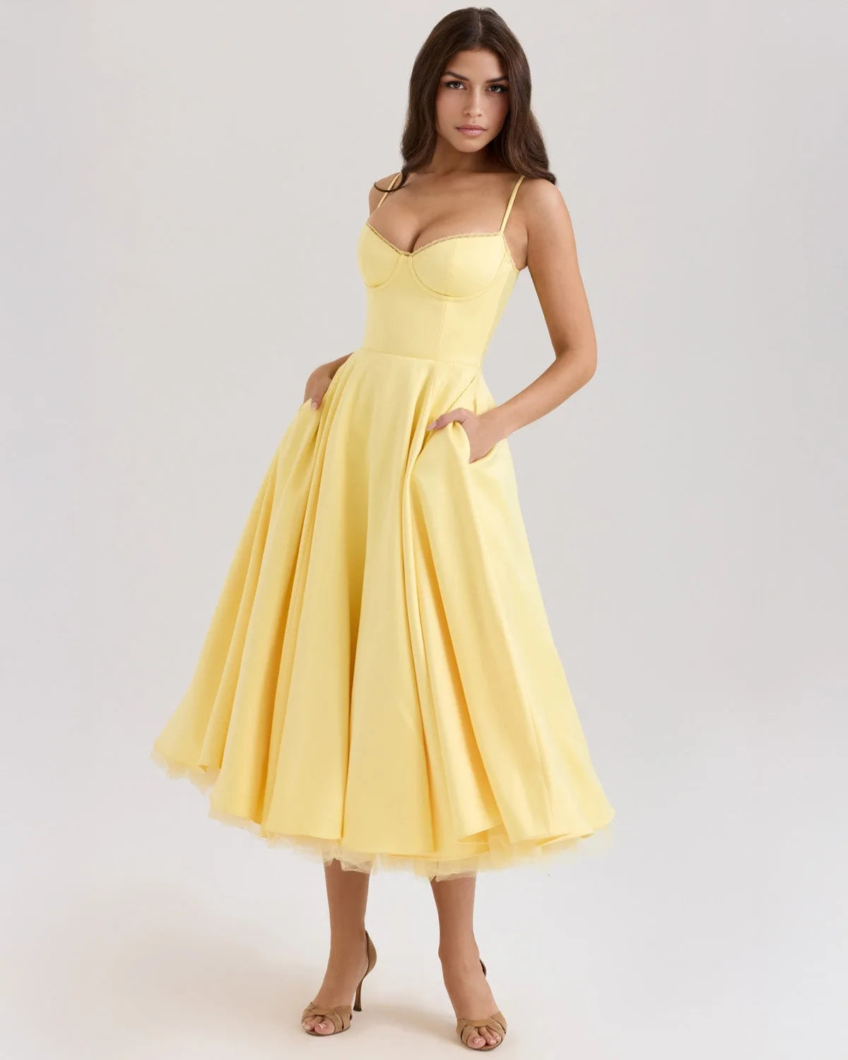 Women's sweetheart midi dress with fitted bodice and full skirt, yellow, front view