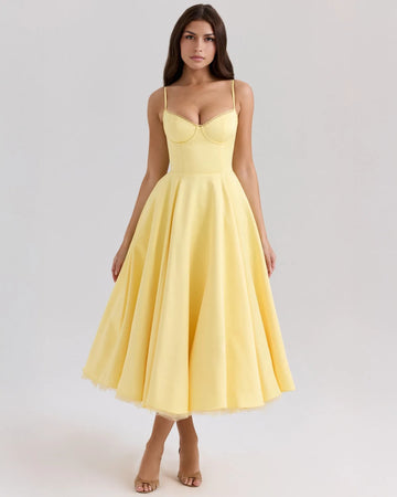 Women's sweetheart midi dress with fitted bodice and full skirt, yellow, front view