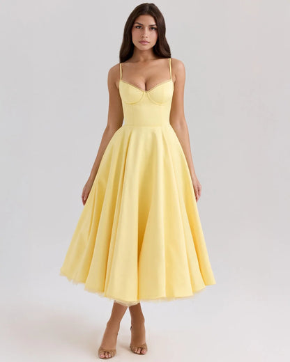 Women's sweetheart midi dress with fitted bodice and full skirt, yellow, front view