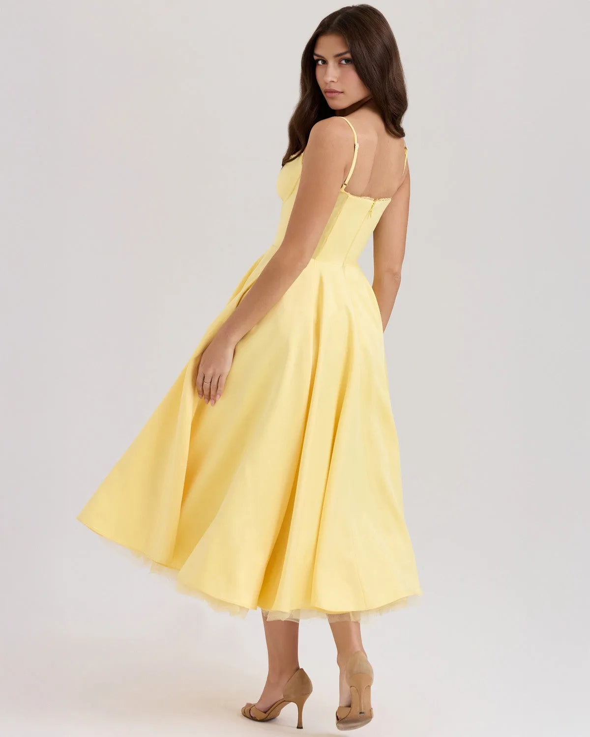 Women's sweetheart midi dress with fitted bodice and full skirt, yellow, side view