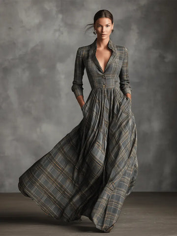 Gray tartan maxi dress with flared skirt, front view