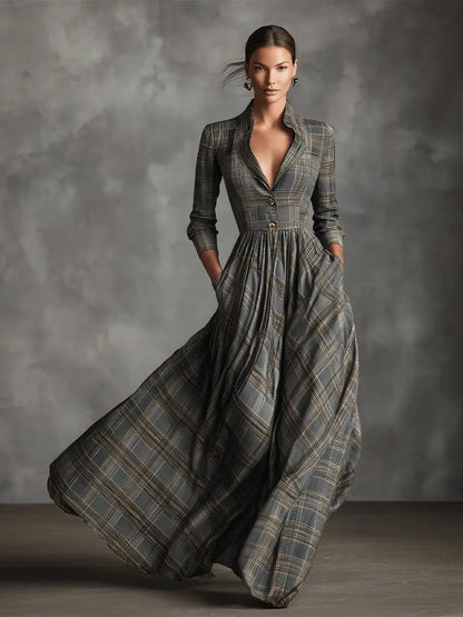 Gray tartan linen-blend maxi dress with flared skirt, front view