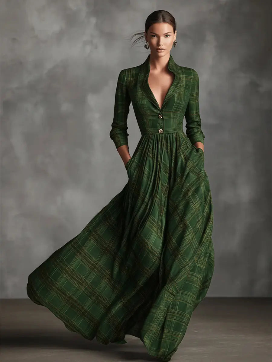 Green tartan linen-blend maxi dress