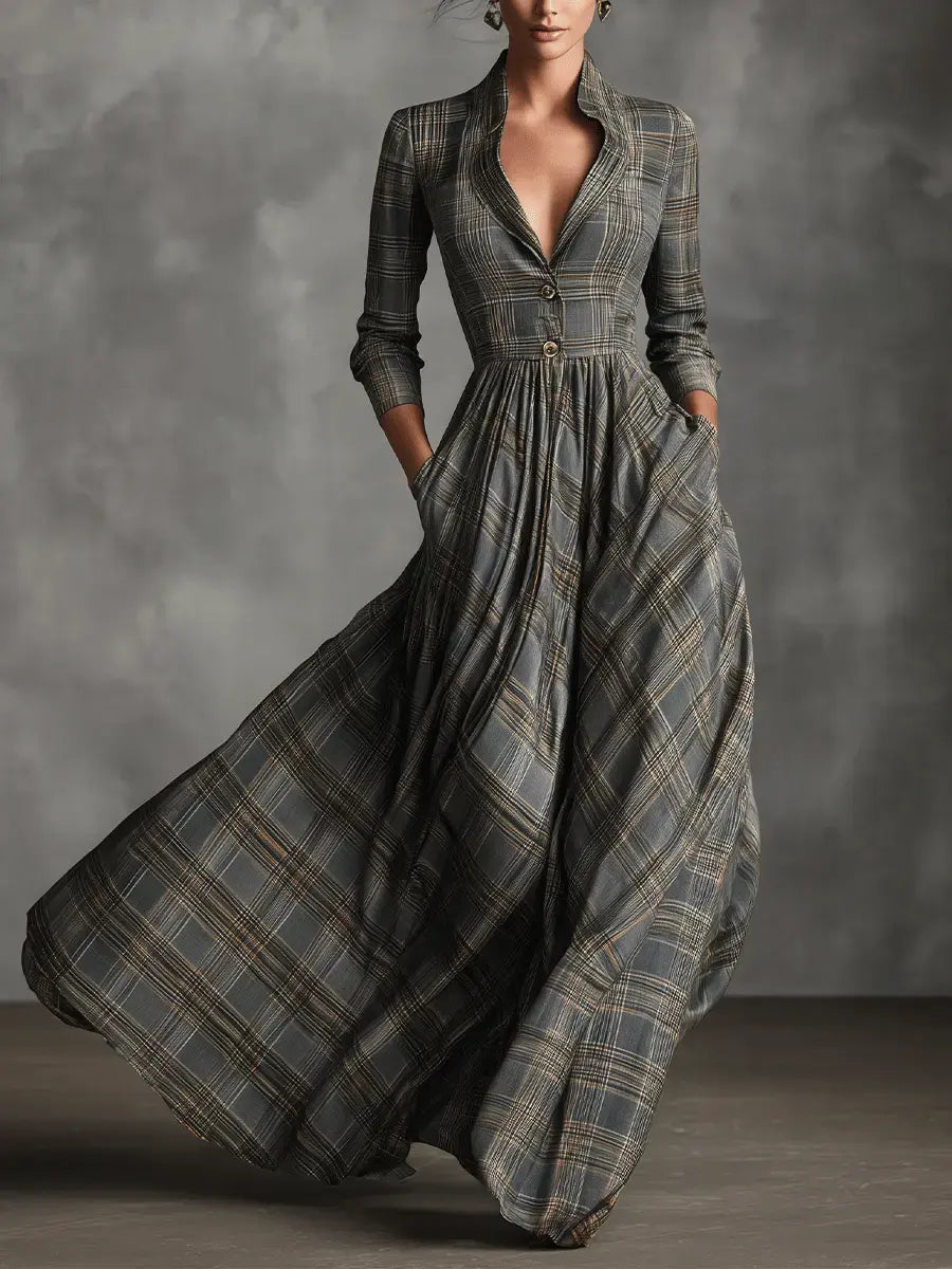 Tartan maxi dress flared skirt hem detail