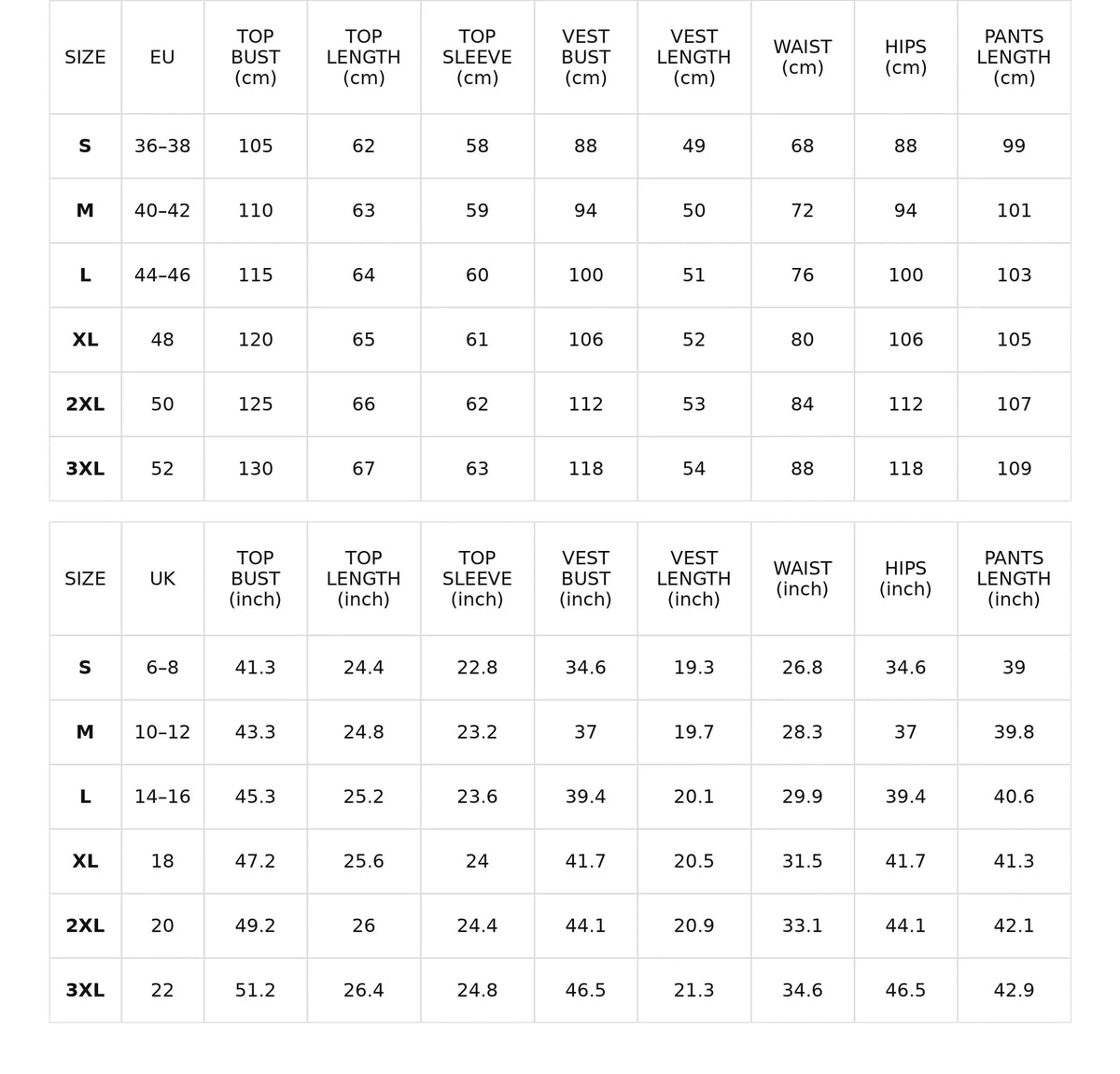 Size chart for three-piece hooded sweatshirt set