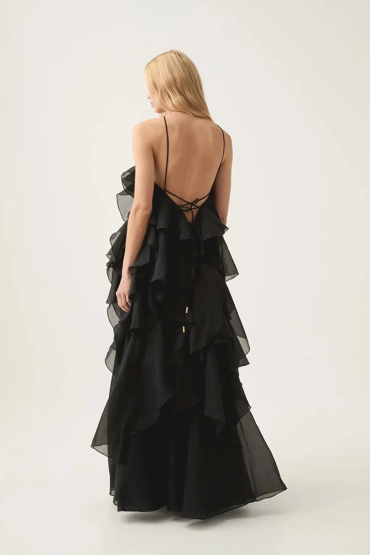 Women's tiered ruffle halter maxi dress, black, back view