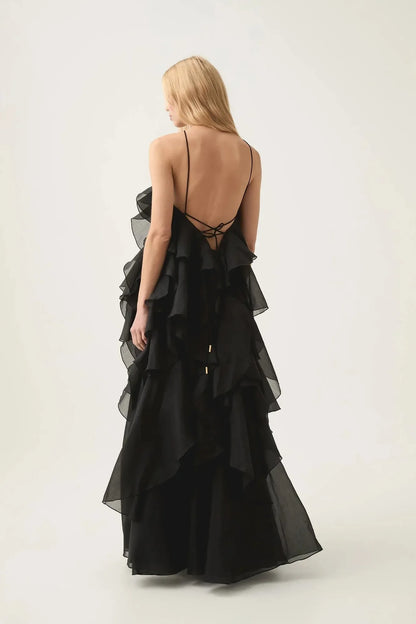 Women's tiered ruffle halter maxi dress, black, back view