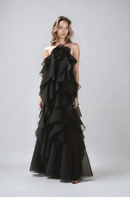 Women's tiered ruffle halter maxi dress, black, front view