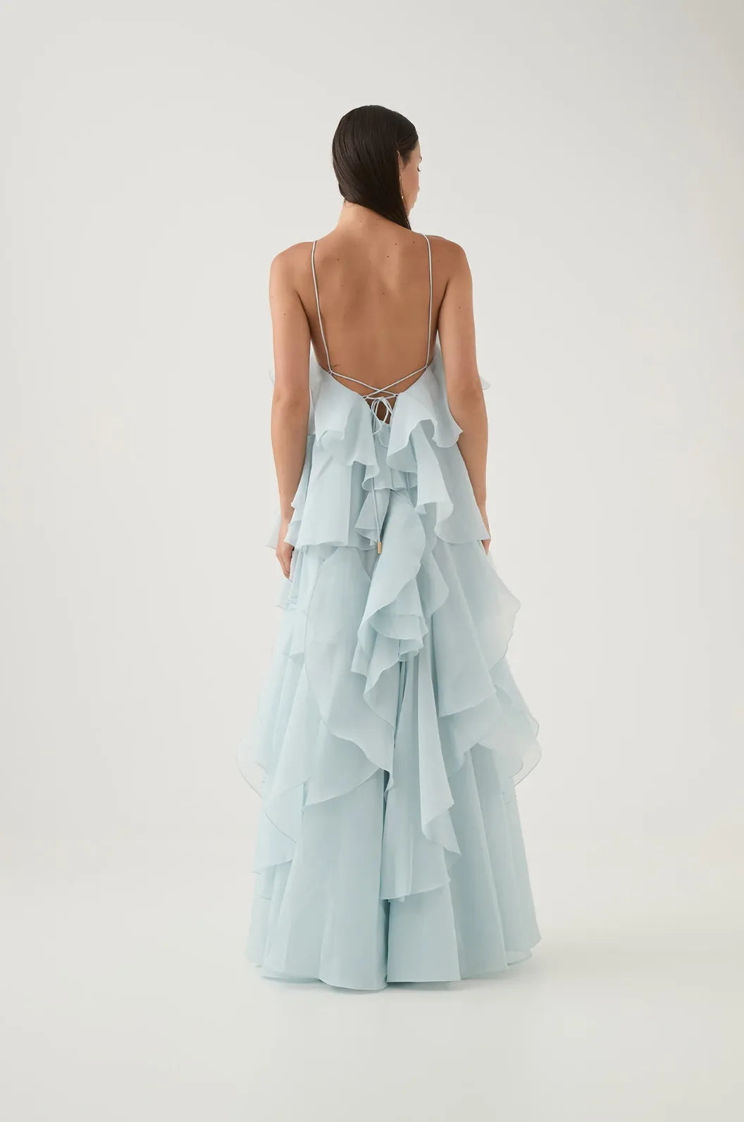 Women's tiered ruffle halter maxi dress, light blue, back view