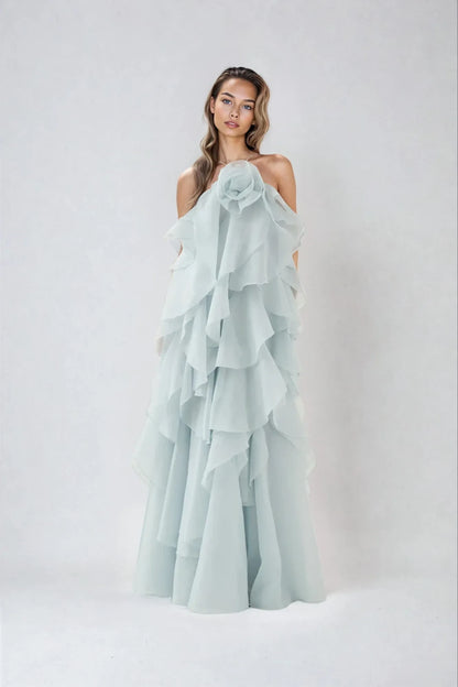 Women's tiered ruffle halter maxi dress, light blue, front view