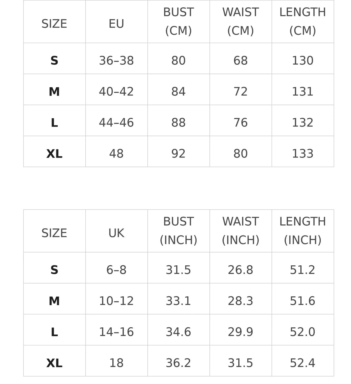 Size chart for the tiered ruffle halter maxi dress