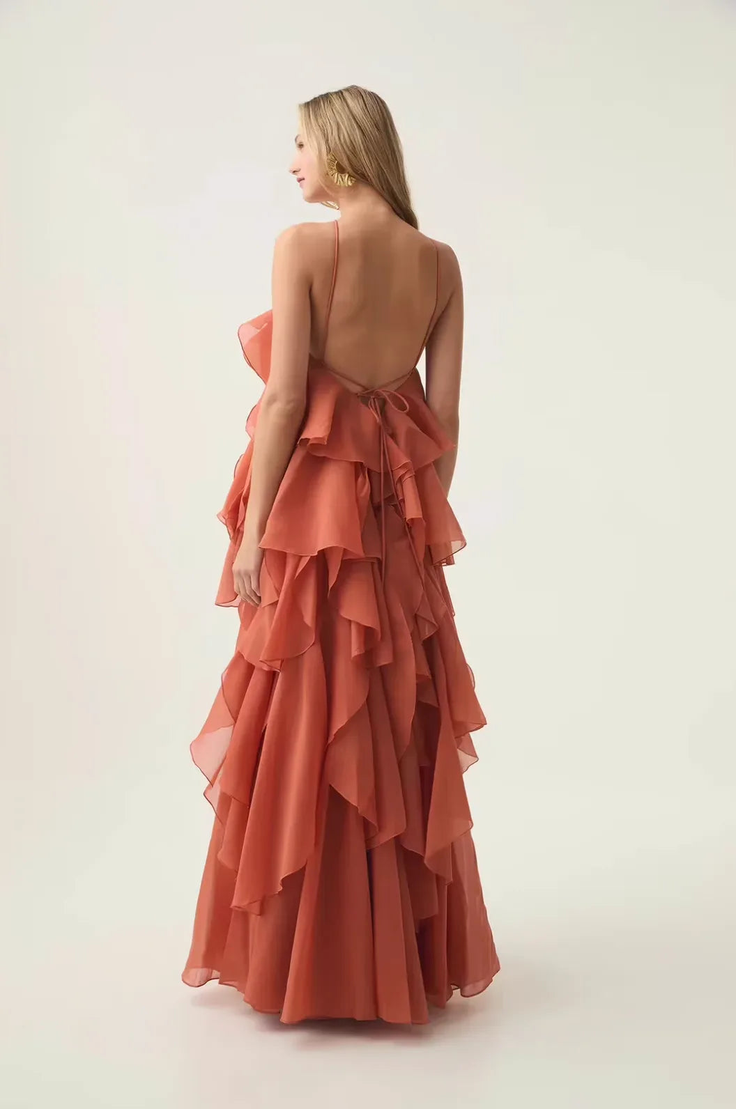 Women's tiered ruffle halter maxi dress, terracotta, back view