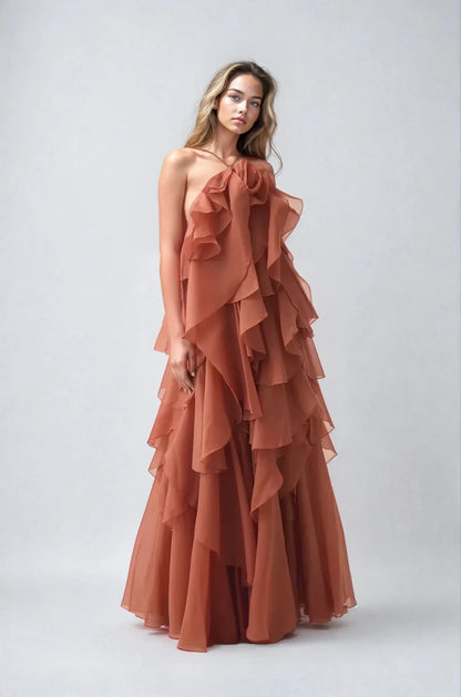 Women's tiered ruffle halter maxi dress, terracotta, front view