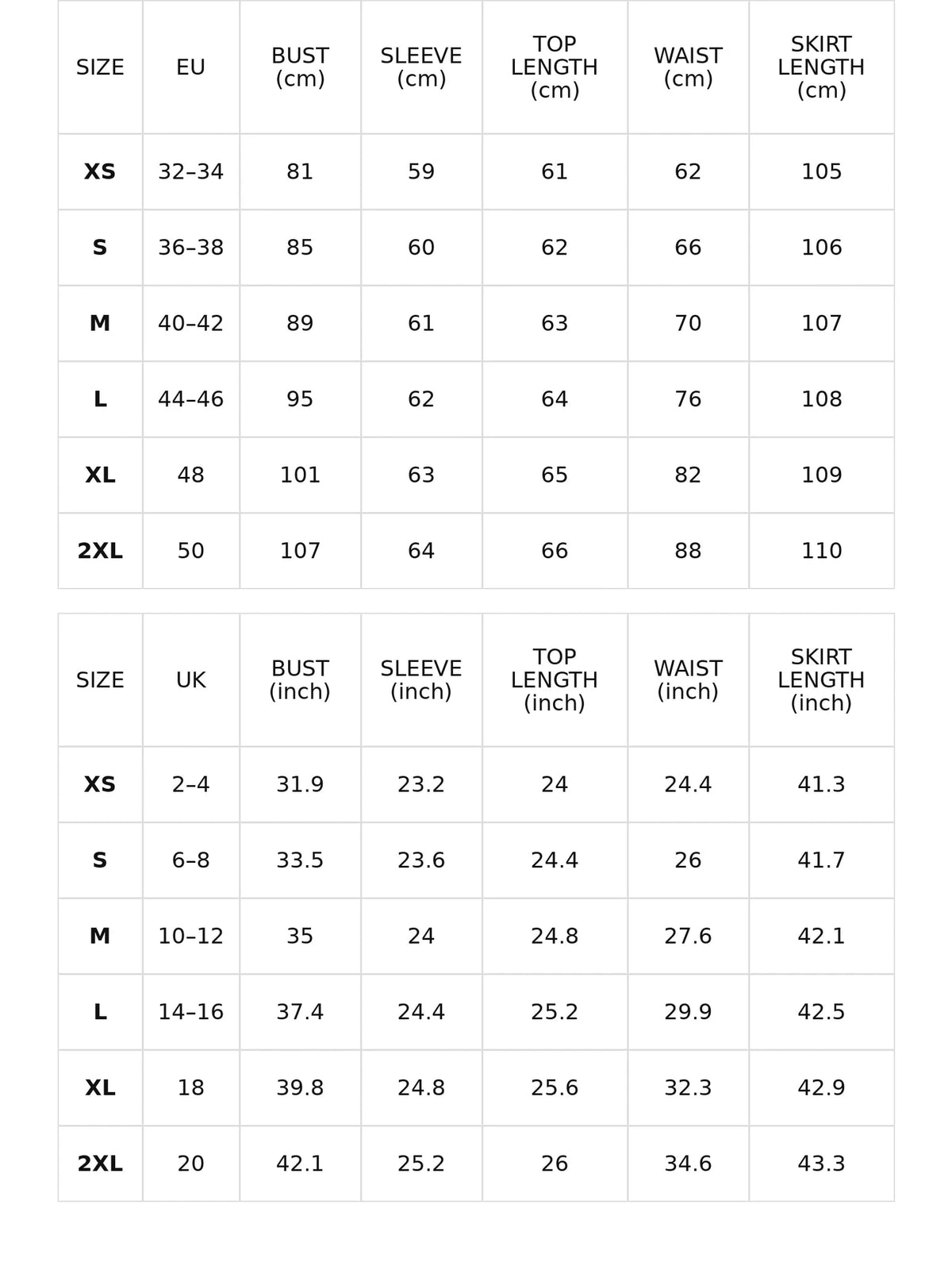 Size chart for turtleneck top and pleated maxi skirt set
