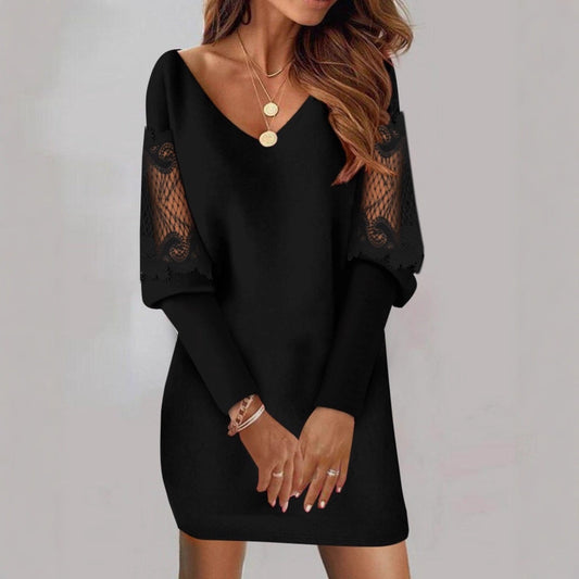 Black V-neck lace mini dress with puff sleeves