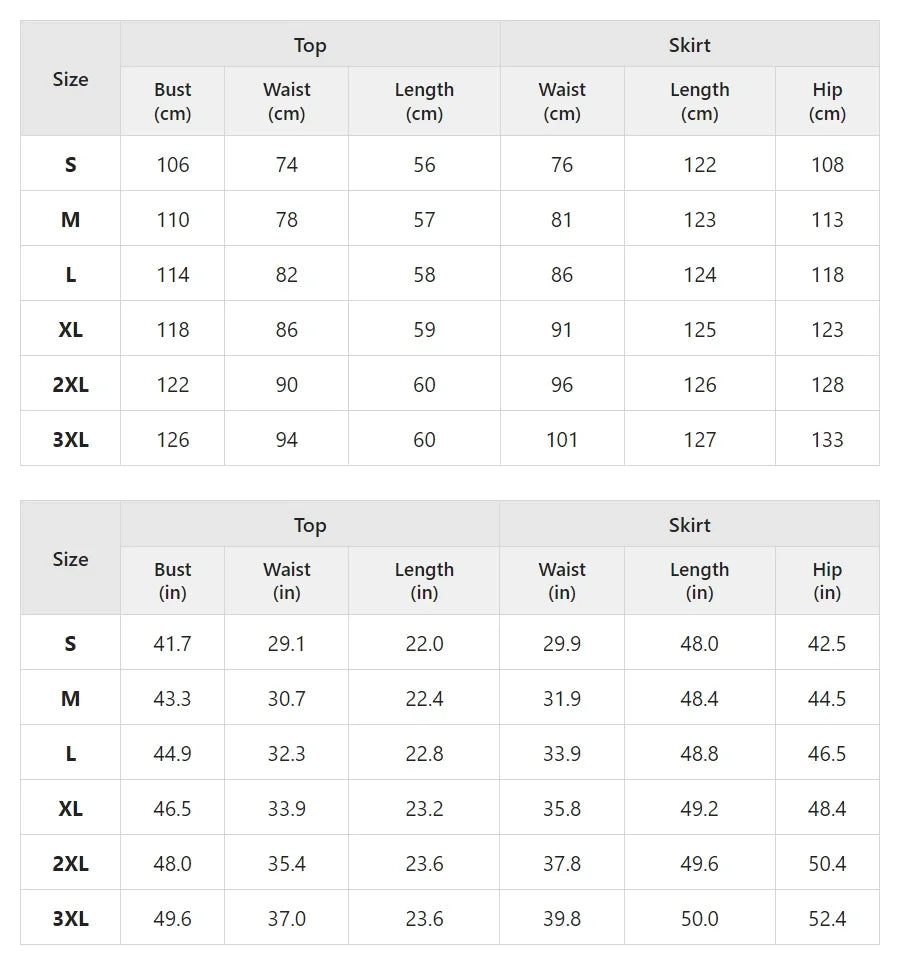 Size chart for the v-neck top and slip skirt set