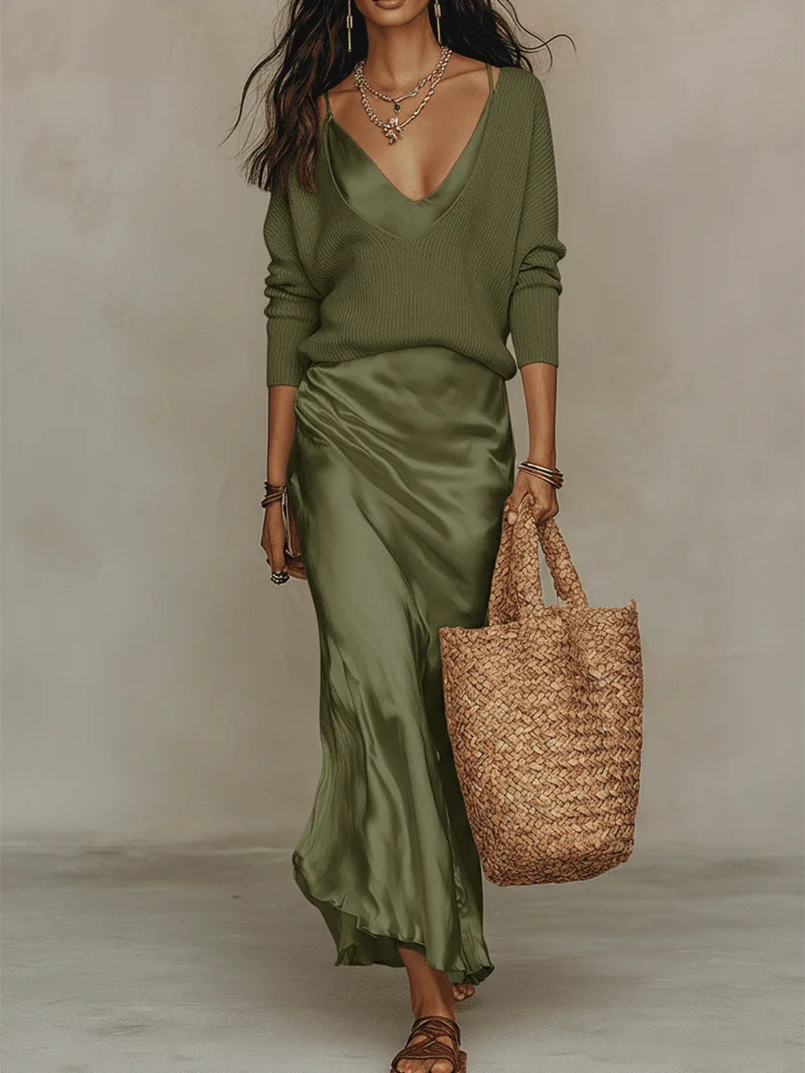 Women's V-neck top and slip midi skirt set, green, front view