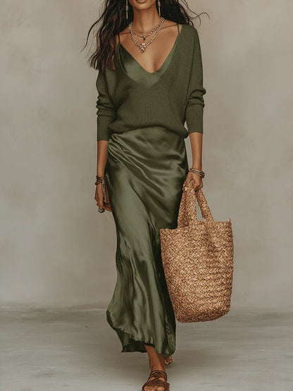 Women's V-neck top and slip midi skirt set, green, front view