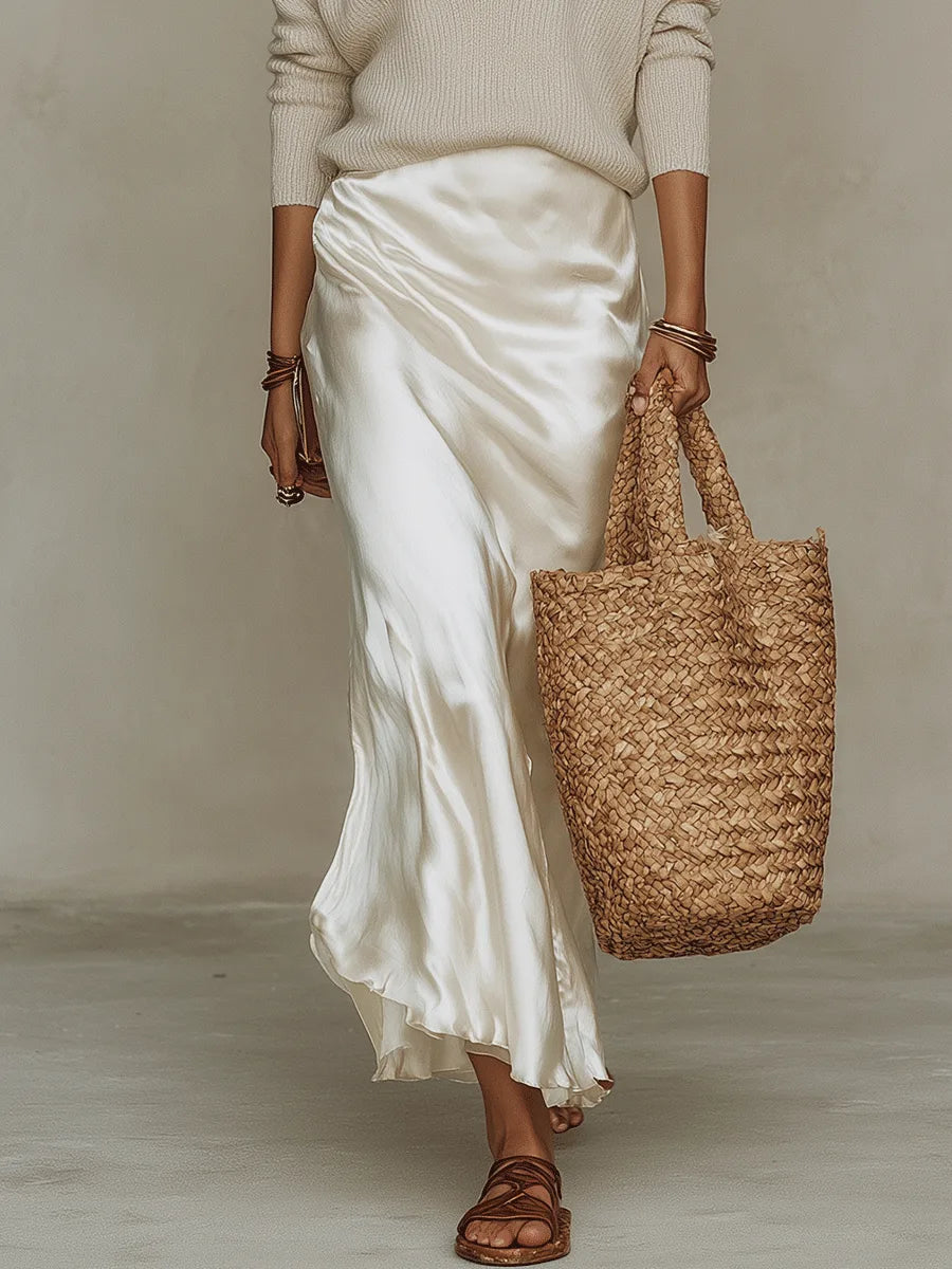 Women's V-neck top and slip midi skirt set, ivory, side view