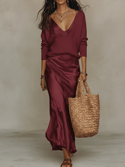 Women's V-neck top and slip midi skirt set, red, front view