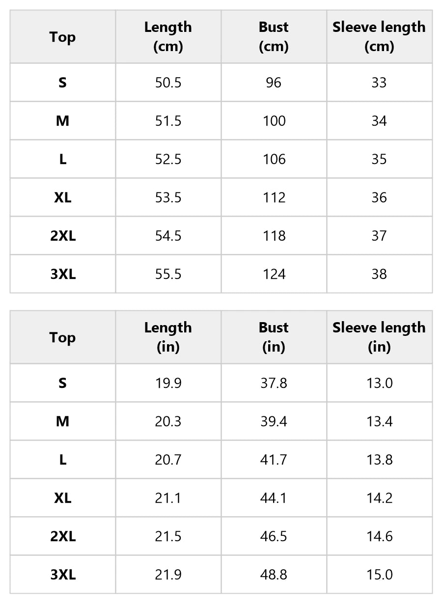 Size chart for the v-neck top and slip midi skirt set