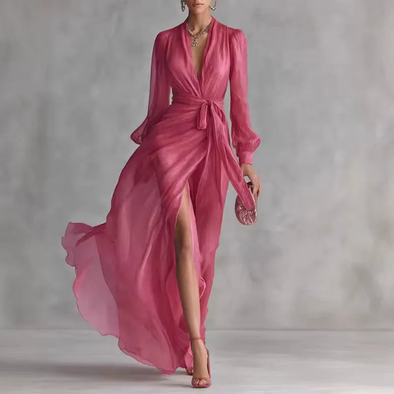 Women's pink V-neck wrap maxi dress with belt and slit, front view with slit