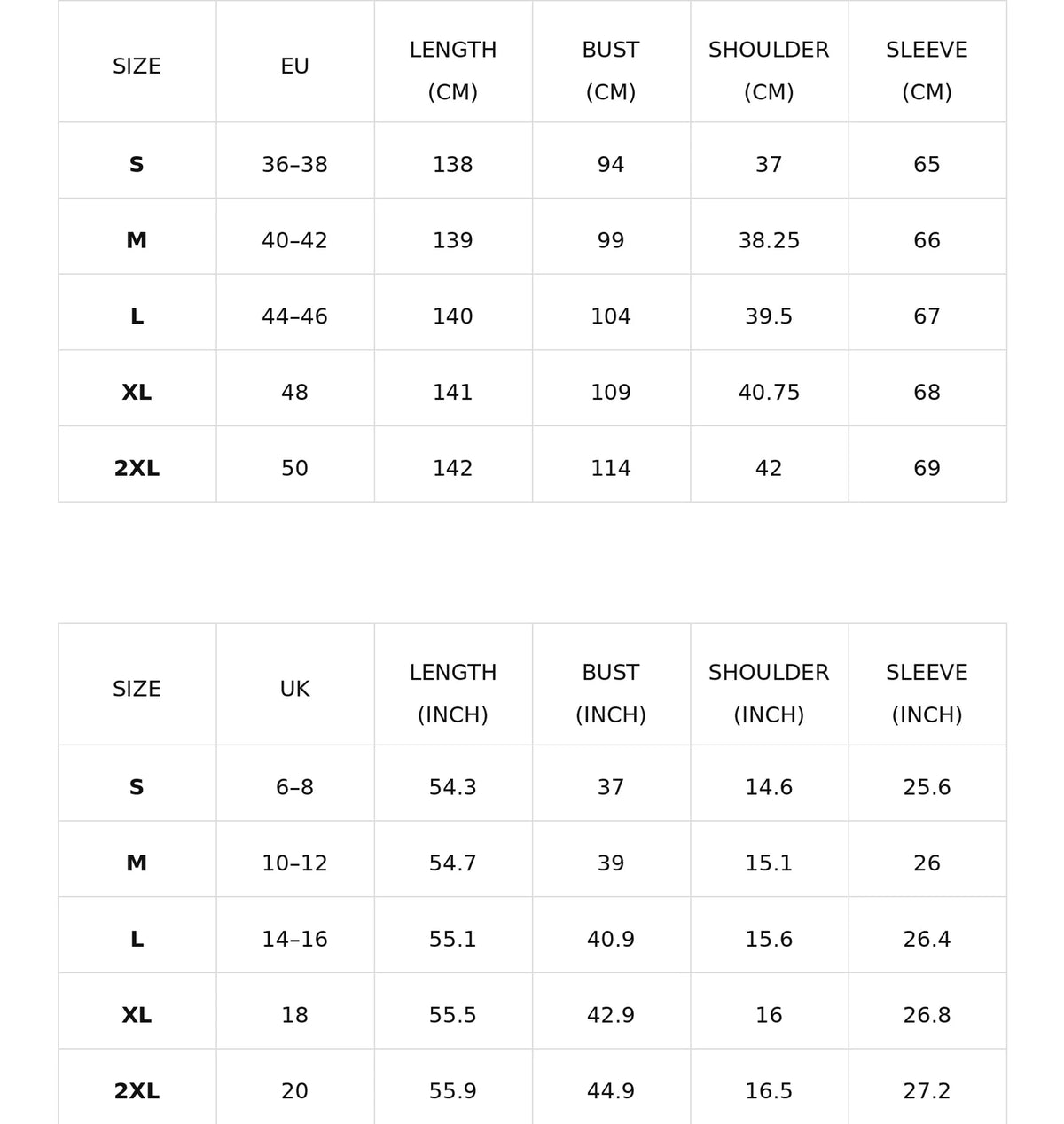 Size chart for the v-neck wrap maxi dress with belt and slit