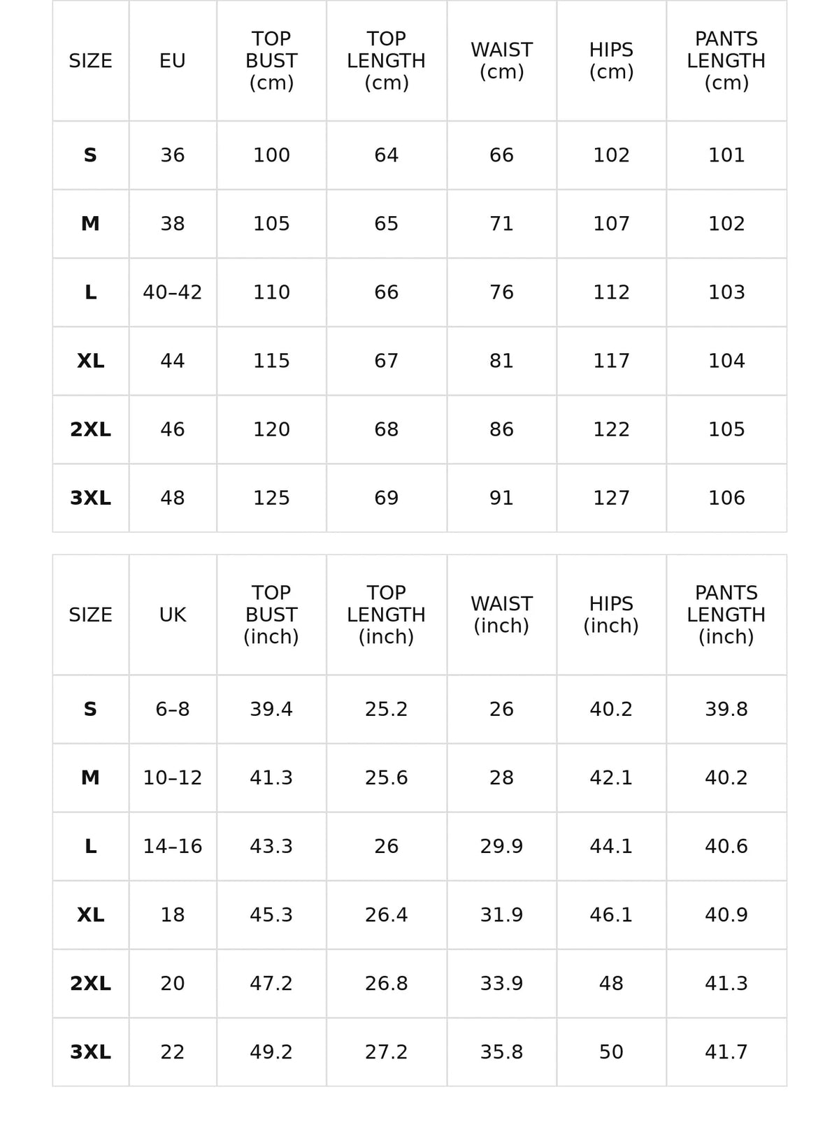 Size chart for v-neck wrap top and wide-leg pants set