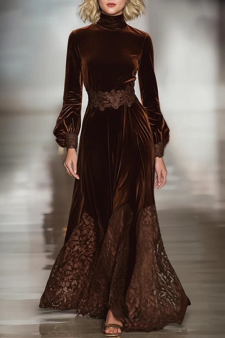Brown velvet and lace balloon-sleeve maxi dress, front view