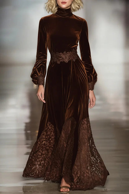 Brown velvet and lace balloon-sleeve maxi dress, front view