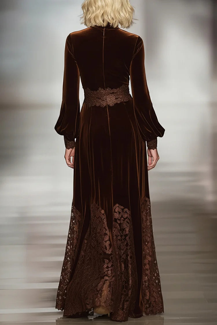 Velvet maxi dress with high neck and balloon sleeves