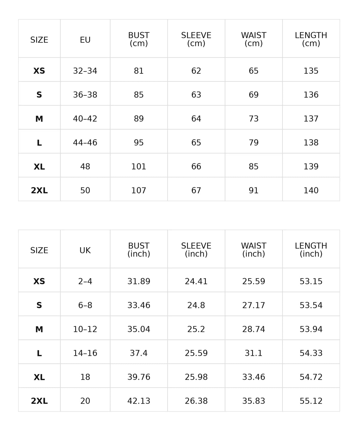 Size chart for the velvet and lace balloon-sleeve maxi dress