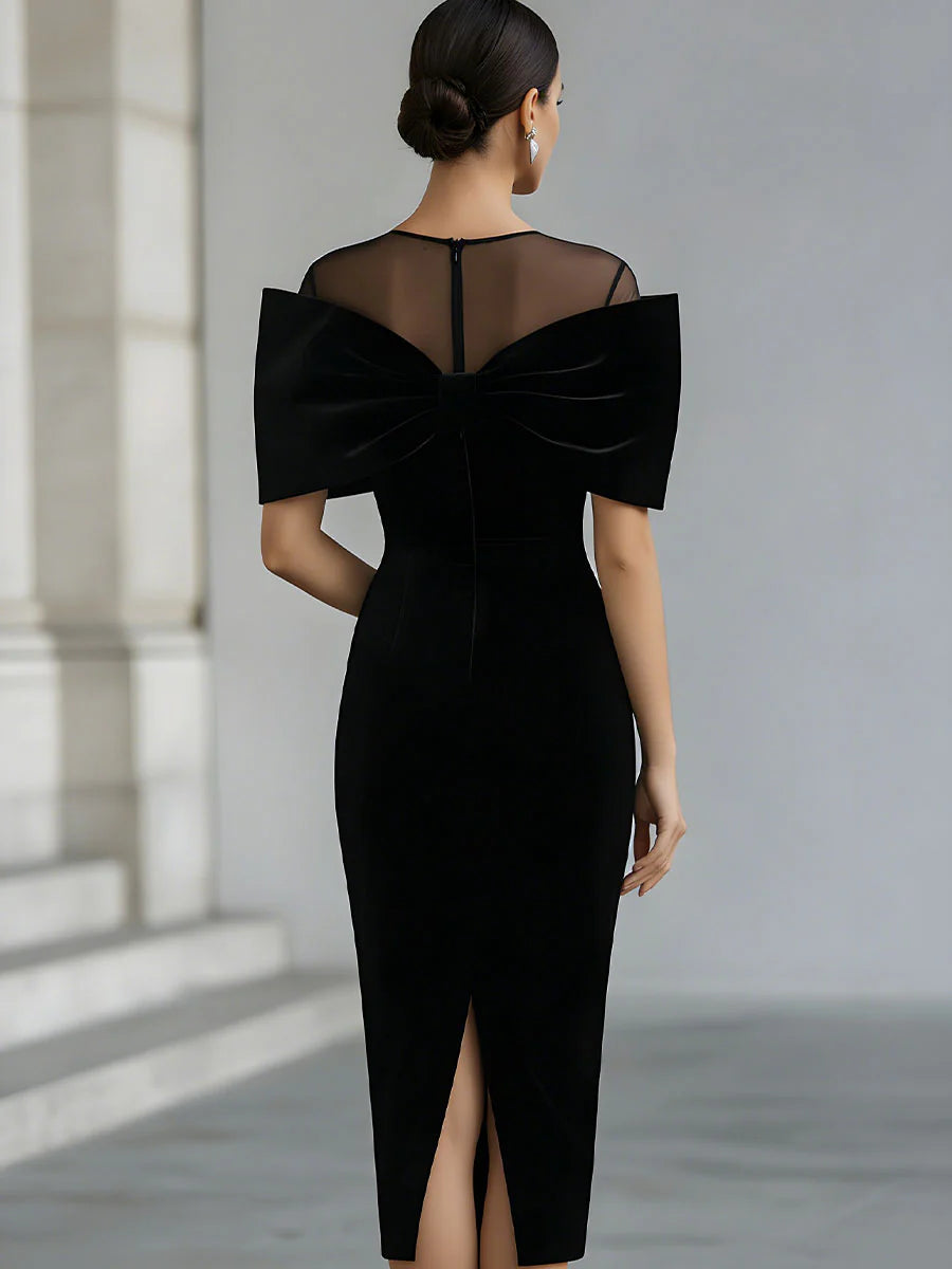 Velvet midi dress with bow, back view