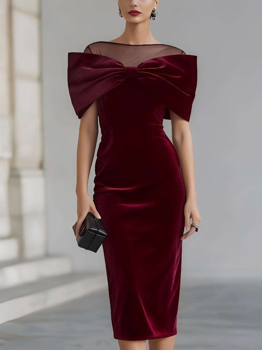 Burgundy velvet midi dress with bow