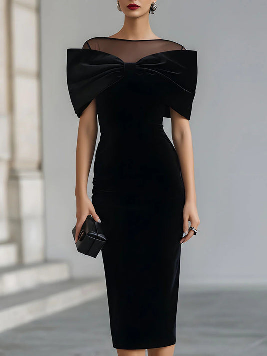 Black velvet midi dress with bow and mesh boat neck, front view