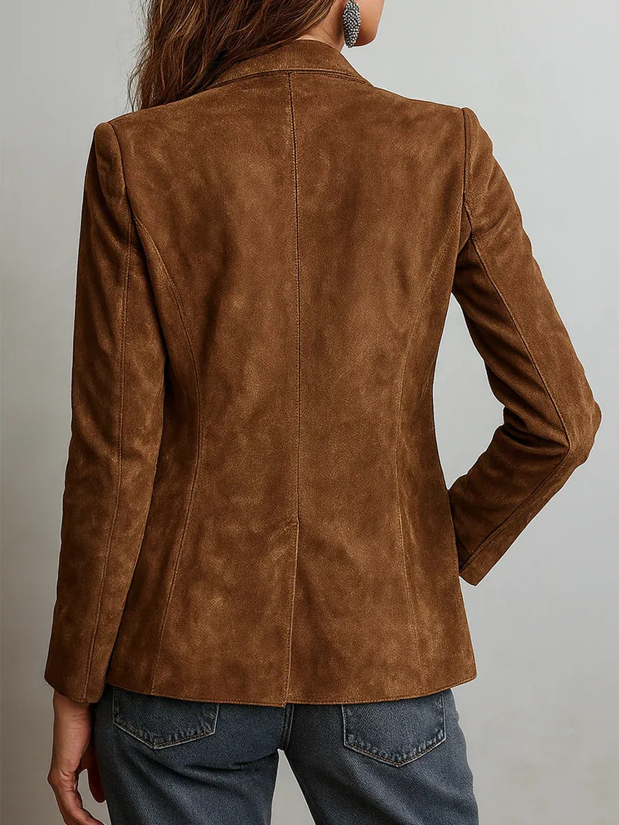 Women's brown vintage blazer with patch pockets, back view