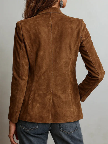 Women's brown vintage blazer with patch pockets, back view