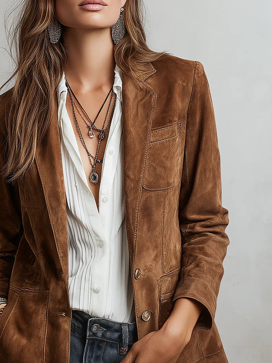 Women's brown vintage blazer with patch pockets, front view, buttoned