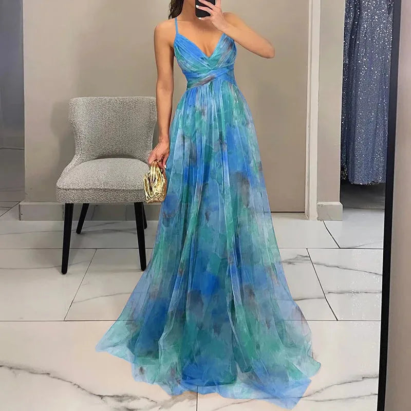 Women's watercolor floral maxi dress with wrap bodice, blue, front view