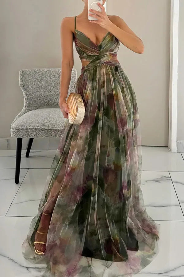 Women's watercolor floral maxi dress with wrap bodice, green, front view