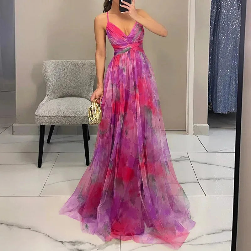 Women's watercolor floral maxi dress with wrap bodice, pink, front view