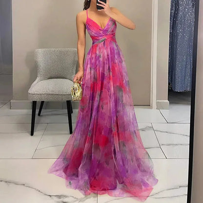 Women's watercolor floral maxi dress with wrap bodice, pink, front view