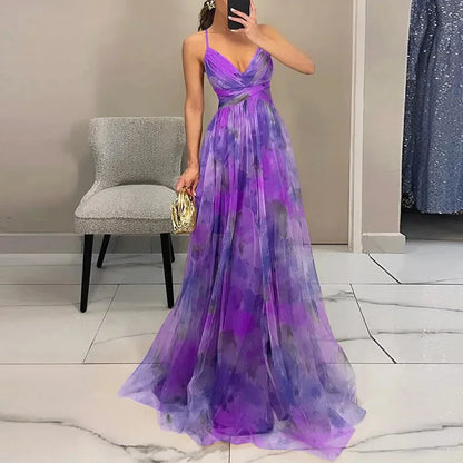 Women's watercolor floral maxi dress with wrap bodice, violet, front view