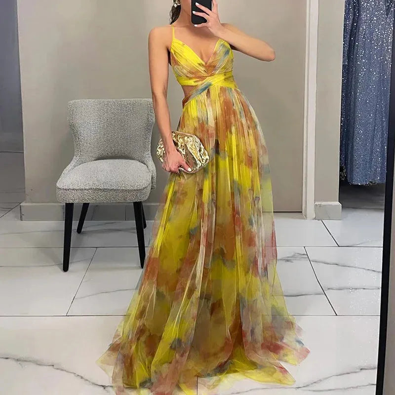 Women's watercolor floral maxi dress with wrap bodice, yellow, front view