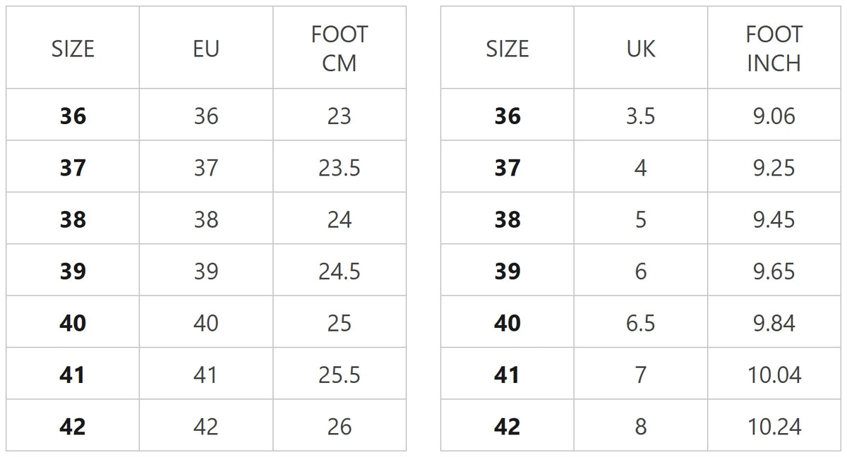 Size chart for wedge ankle boots with side zip