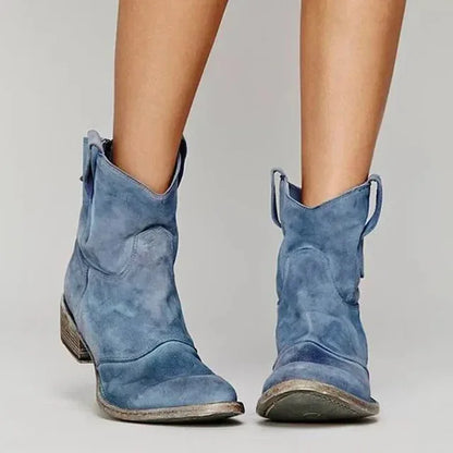 Women's western-style ankle boots, blue, front view