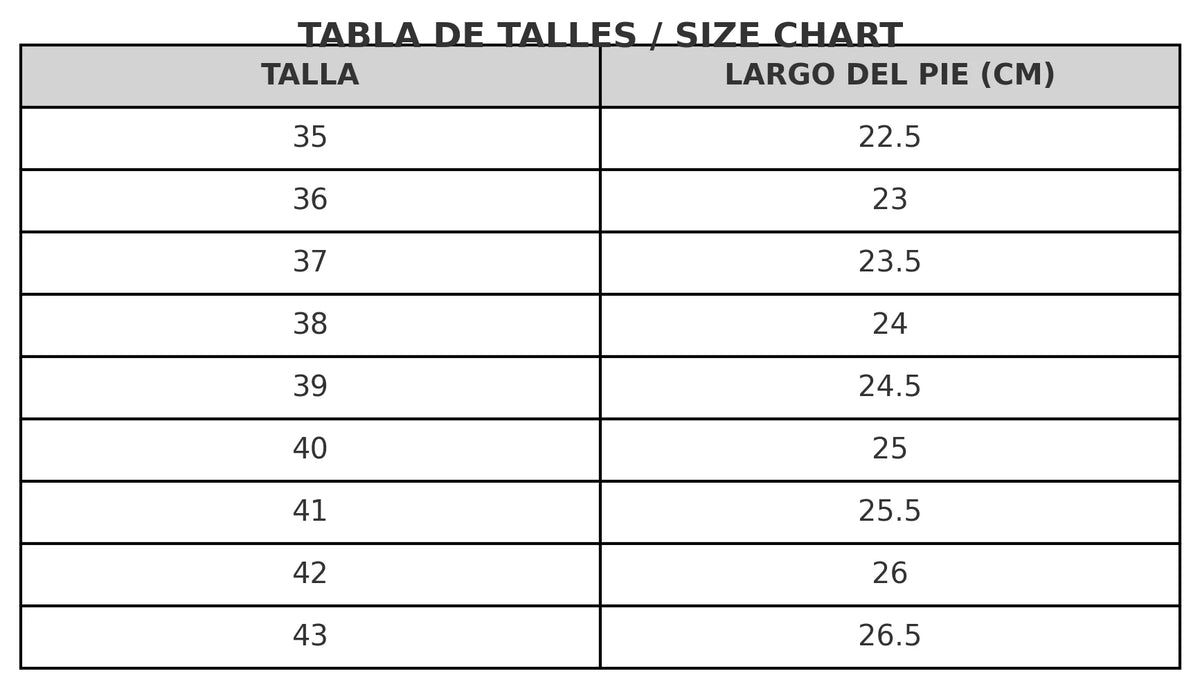 Size chart for the western-style ankle boots with wide opening