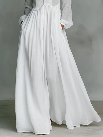 White cotton-linen maxi dress flowy skirt detail