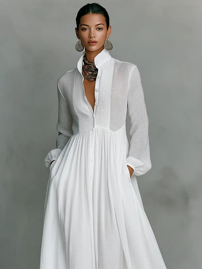 White cotton-linen maxi dress mao collar detail